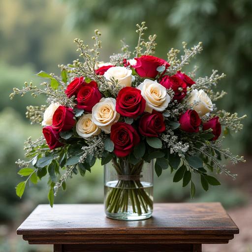 Una complessa composizione floreale con rose e eucalipto su un leggio di legno