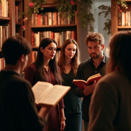 Un gruppo di persone ascolta attentamente un poeta leggere in una piccola libreria accogliente